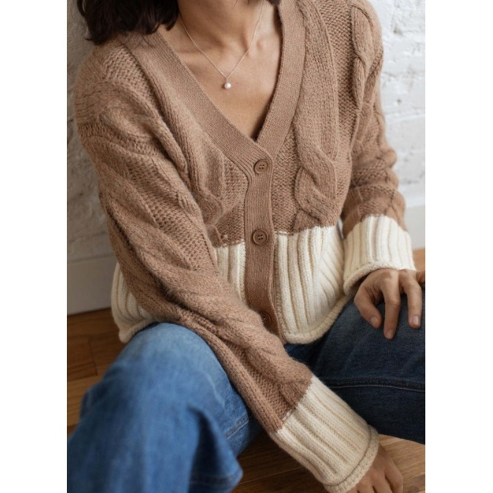Promesa Women Brown Cream Wool Cable Knit‎ Cardigan Sweater Size S NEW